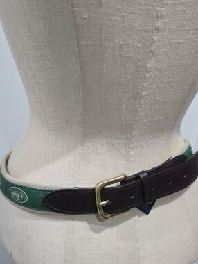 Vineyard Vines Green Fabric Belt with Brown Leather & Brass Buckle Size 34